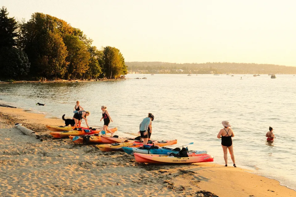 Kayaks on the beach in the evening sun